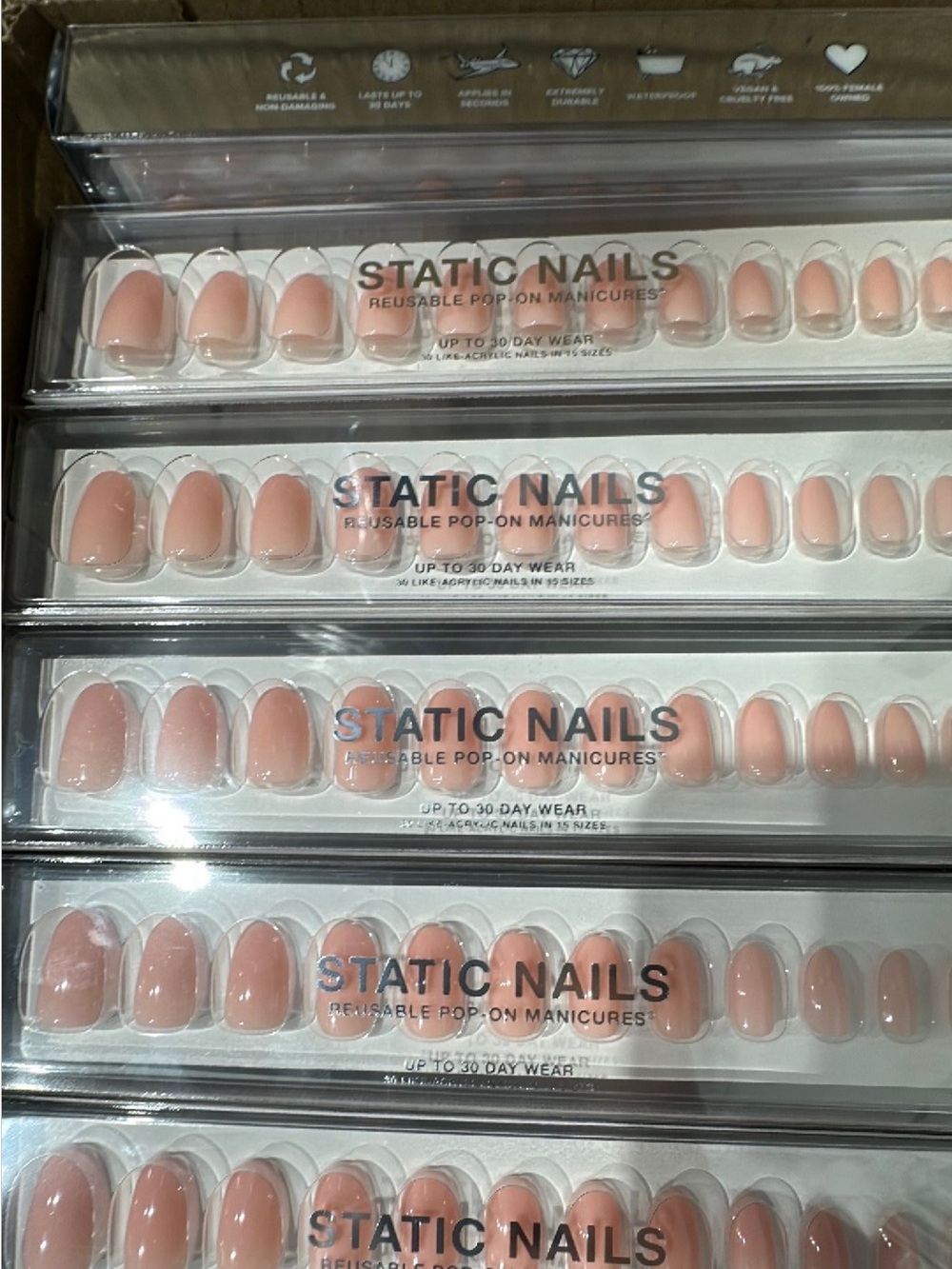 5pk-STATIC NAILS Jet Setter Round Nude Press-On Nail Set Acrylic Pop On Manicure